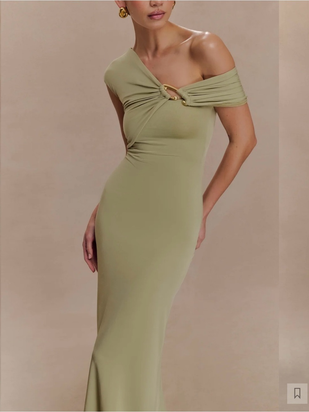 Meshki Olive Green One-Shoulder Evening Gown with Gold Ring